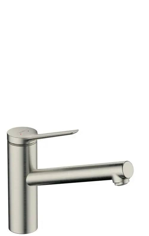 Küchenarmatur in Edelstahl-Optik mit einem schwenkbaren Auslauf und einem Hebel zur Temperatureinstellung, hergestellt von Hansgrohe.